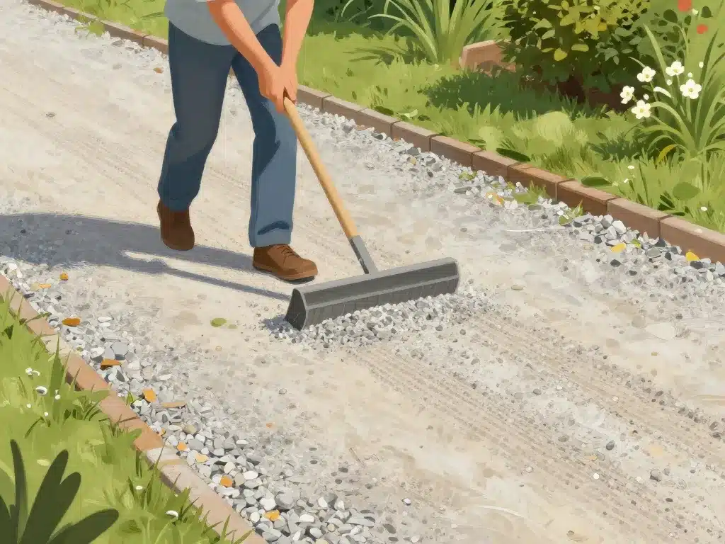 personne ratissant allée carrossable gravier sans stabilisateur bordures