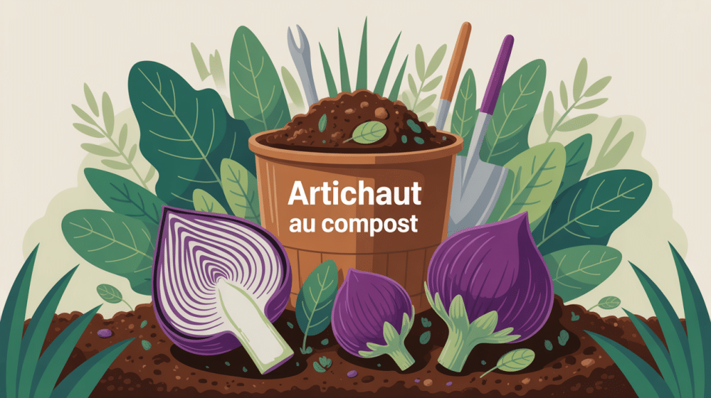 artichaut compost au jardin avec tas et outils