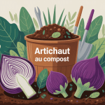 artichaut compost au jardin avec tas et outils