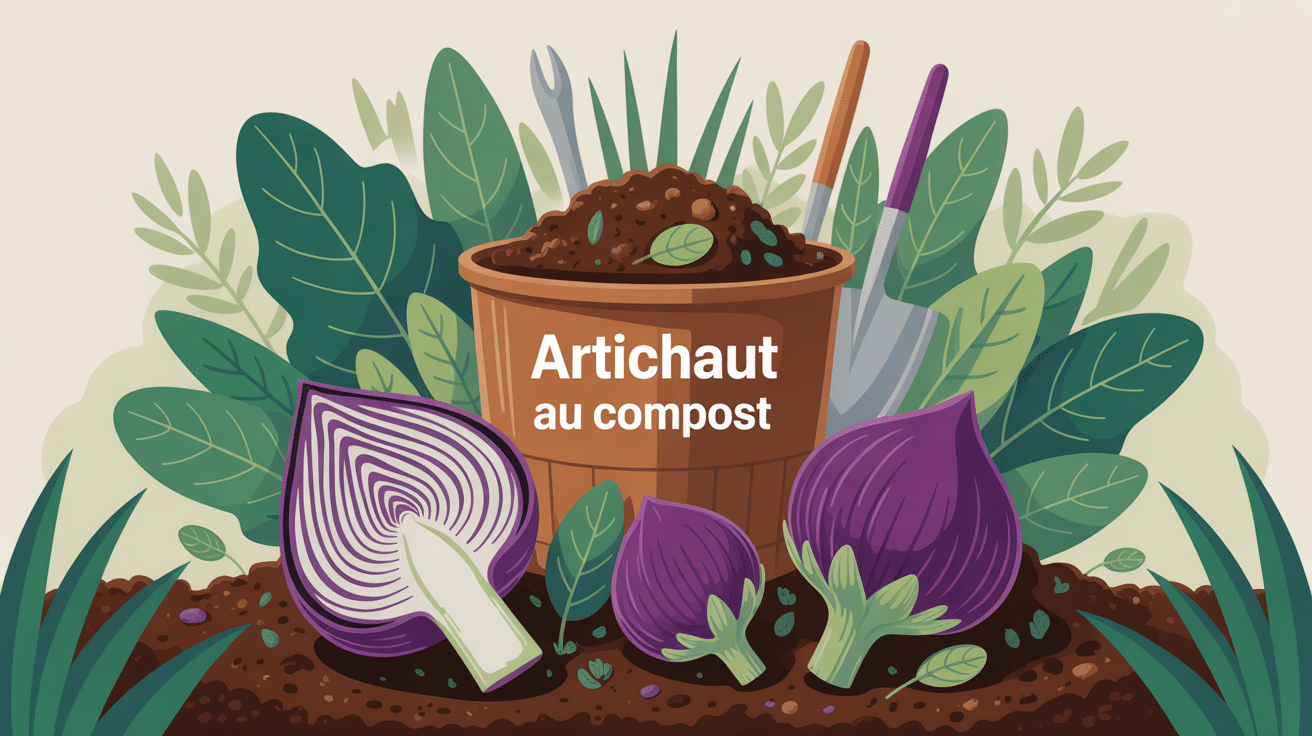 artichaut compost au jardin avec tas et outils