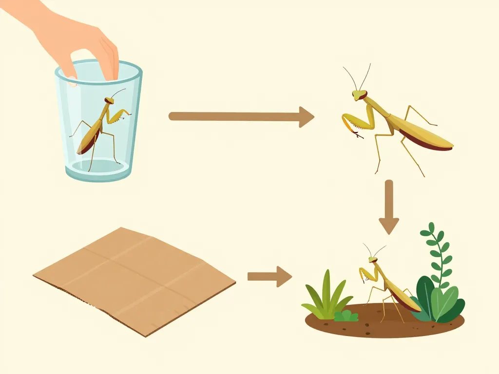 Déplacement mante religieuse dans la maison avec verre et carton