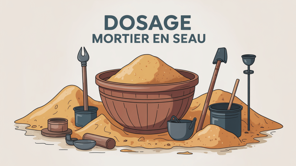 illustration du dosage mortier en seau avec outils et matériaux