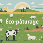 Illustration éco-pâturage tarif avec moutons, chèvres et vaches sur prairie