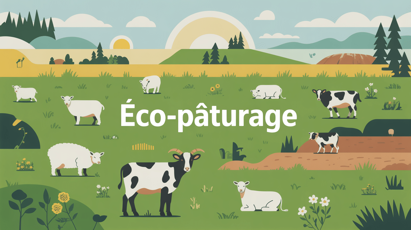 Illustration éco-pâturage tarif avec moutons, chèvres et vaches sur prairie
