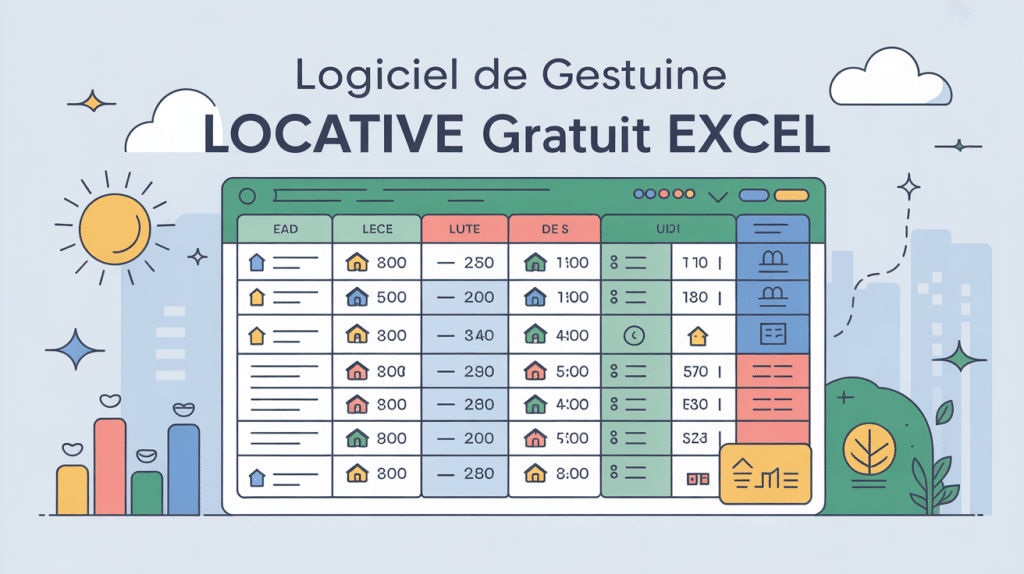 illustration moderne logiciel gestion locative gratuit excel avec tableau et icônes