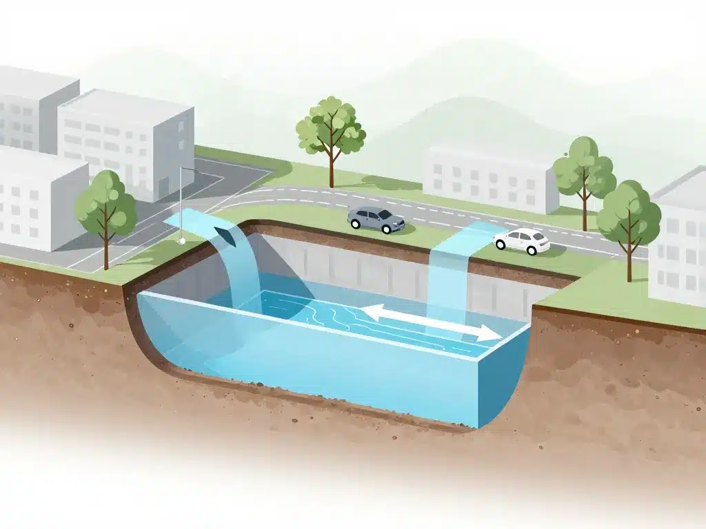 Schéma du fonctionnement d'un bassin de rétention enterré