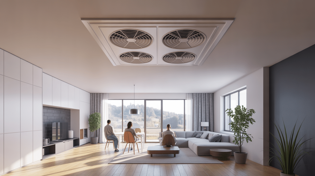 Illustration VMC double flux faux plafond dans appartement