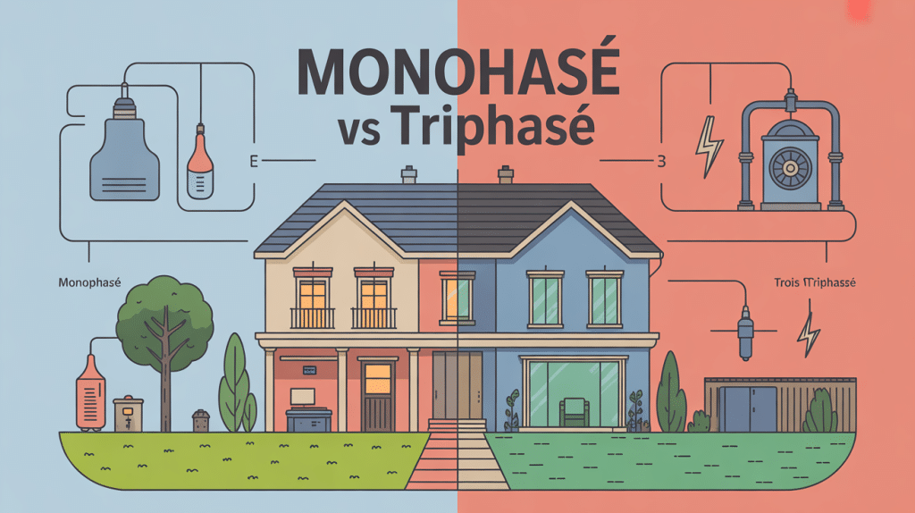 Illustration claire de la différence entre monophasé et triphasé en électricité domestique