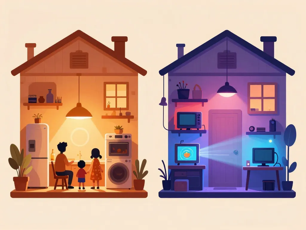 Scène montrant la différence de confort entre monophasé et triphasé dans deux foyers