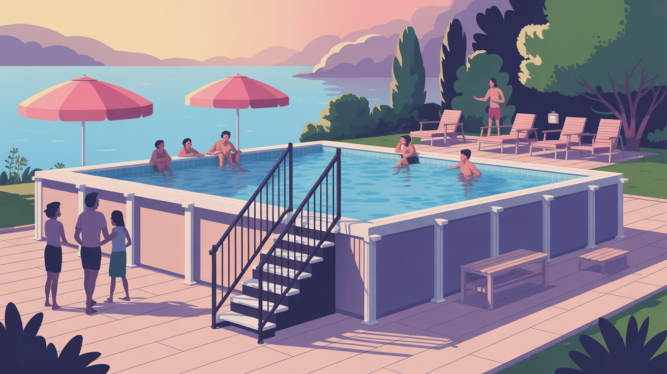 escalier piscine hors sol fait maison illustration sécurisée avec personnes