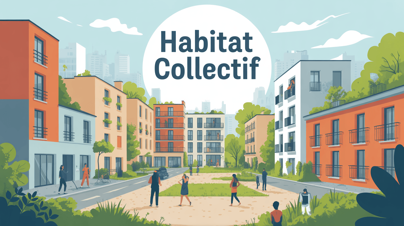Illustration habitat collectif immeubles modernes et espaces partagés