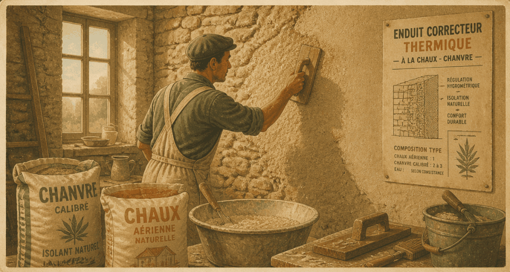 enduit correcteur thermique appliqué sur mur en pierre