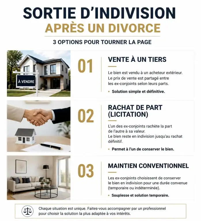 Schéma des trois options pour sortir de l'indivision et du divorce : vente, rachat ou maintien