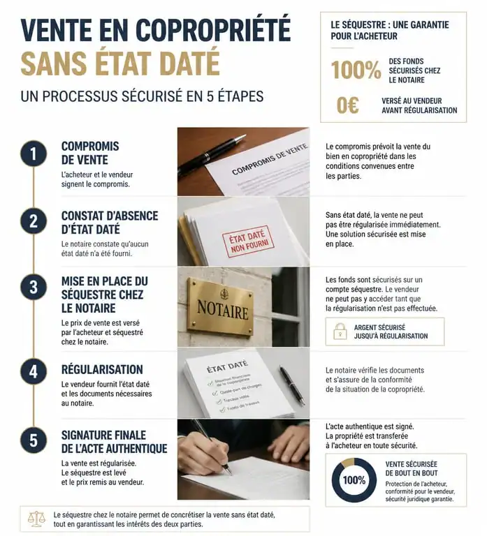 Infographie du processus de vente immobilière en copropriété sans état daté avec séquestre notarié