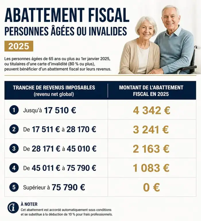 Tableau récapitulatif des seuils et montants de l'abattement personnes âgées ou invalides 2025