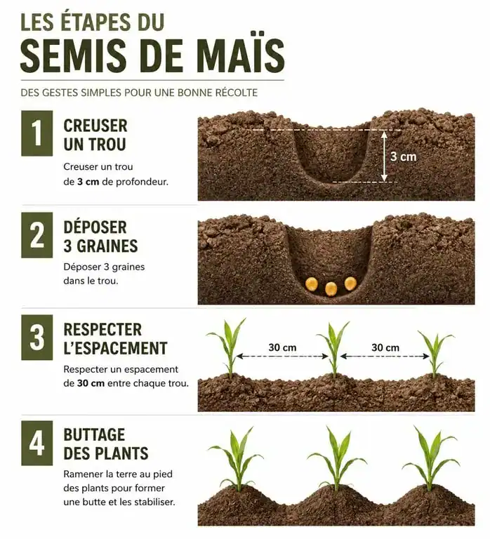 Étapes du semis de maïs au potager : profondeur, espacement et technique du poquet pour une récolte réussie.
