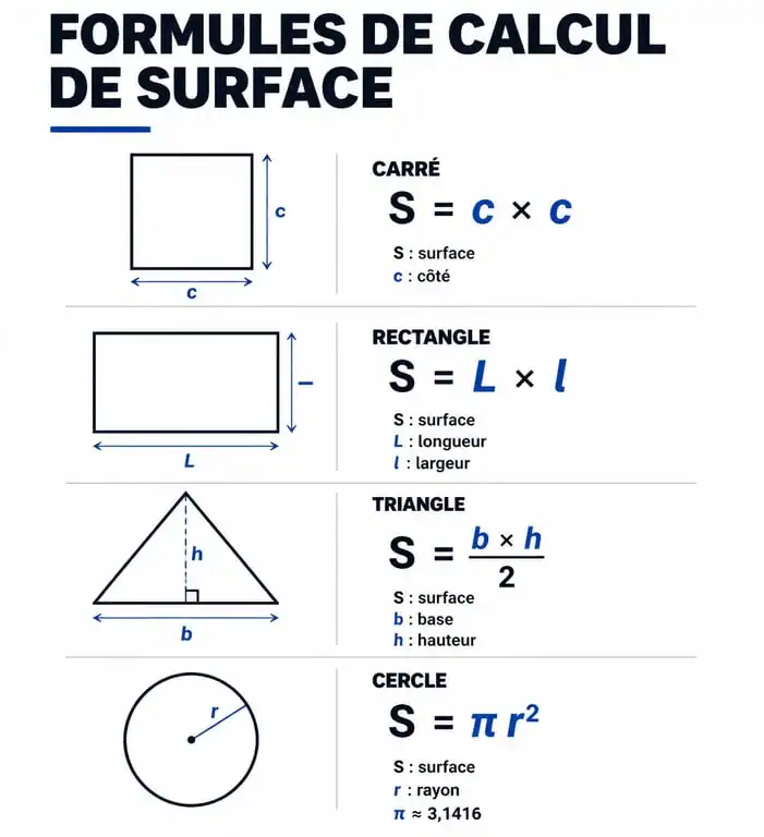 Formules de calcul de surface pour différentes formes géométriques