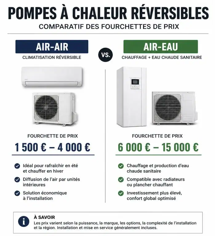 Comparatif des prix des pompes à chaleur clim réversible selon la technologie