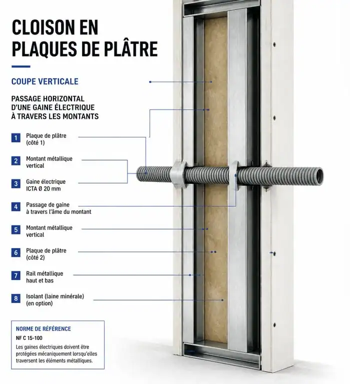 Schéma de passage de câble horizontal dans une cloison placo avec montants métalliques