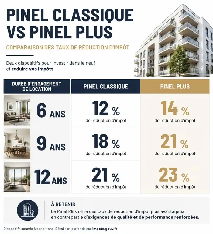 Comparatif des taux de réduction d'impôt Pinel classique et Pinel Plus pour un investissement immobilier à Toulouse