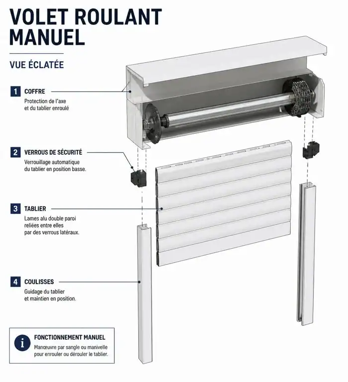 Schéma technique d'un mécanisme de volet roulant manuel pour le démontage