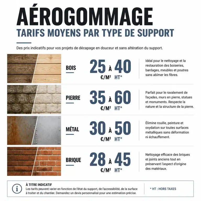 Tableau comparatif des prix de l'aérogommage au m2 selon le type de support