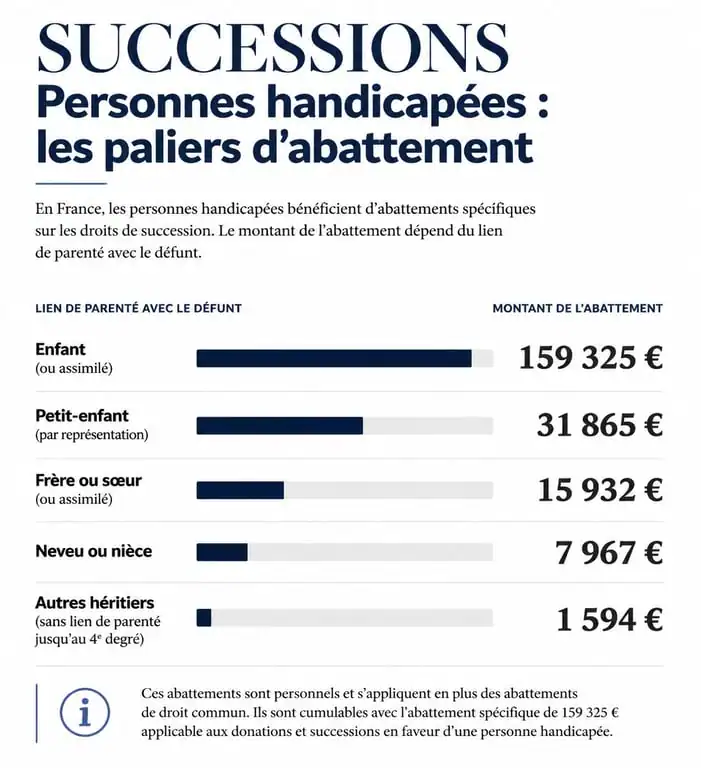 Infographie des abattements successoraux pour personne handicapée : calcul des droits de succession et exonérations