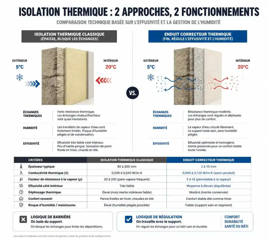 Comparatif technique : isolation thermique classique vs enduit correcteur thermique pour la rénovation.
