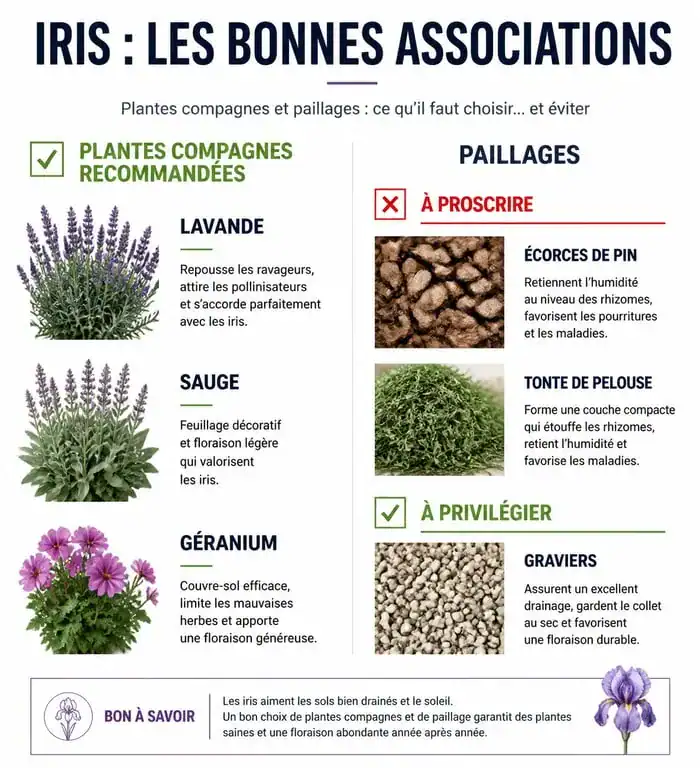 Infographie sur les meilleures plantes compagnes et paillages pour les iris au jardin