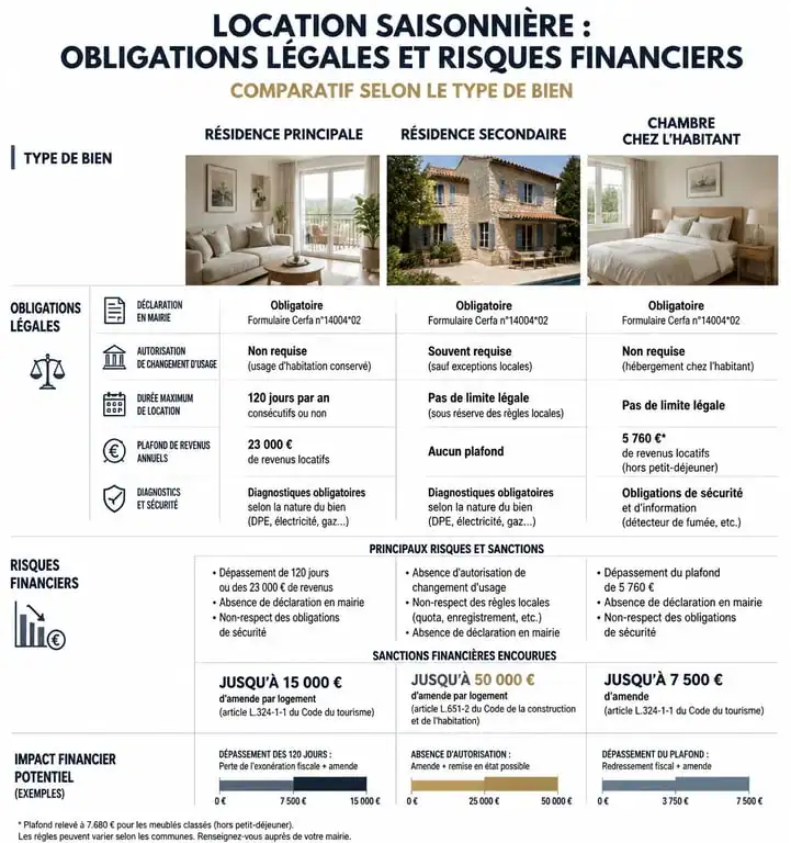 Tableau comparatif des obligations et risques liés au numéro d'enregistrement foncier pour la location saisonnière