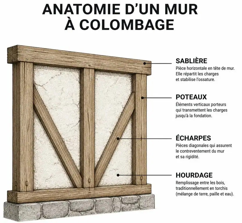 Schéma explicatif de l'anatomie d'un mur à colombage avec ses éléments structurels
