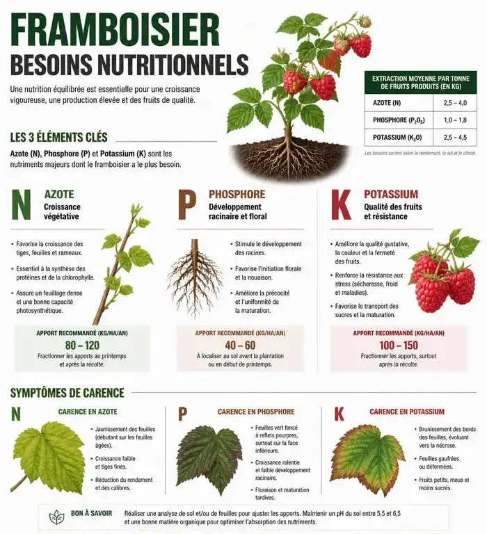Infographie sur les besoins en engrais pour framboisier et identification des carences