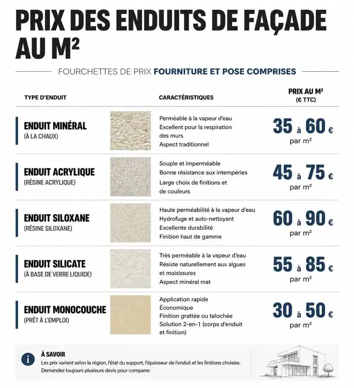 Comparatif des prix au m2 des différents types d'enduit de façade