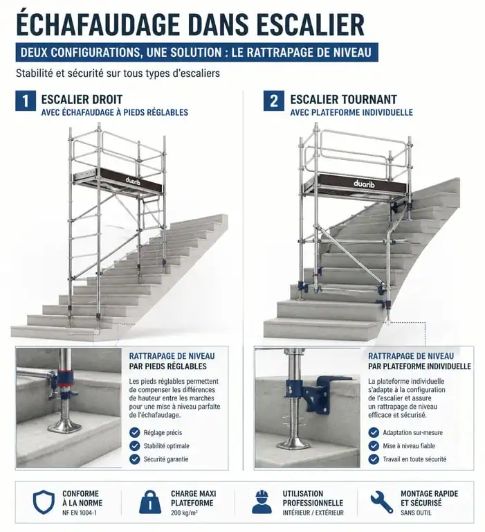 Schéma technique d'échafaudage pour escalier : rattrapage de niveau et configurations