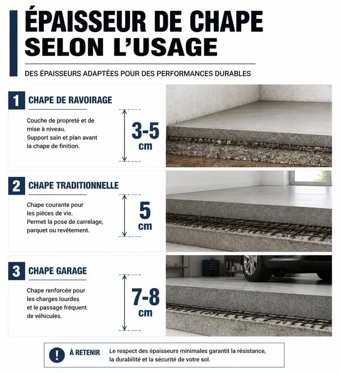 Infographie des épaisseurs recommandées pour le calcul d'une chape selon l'usage