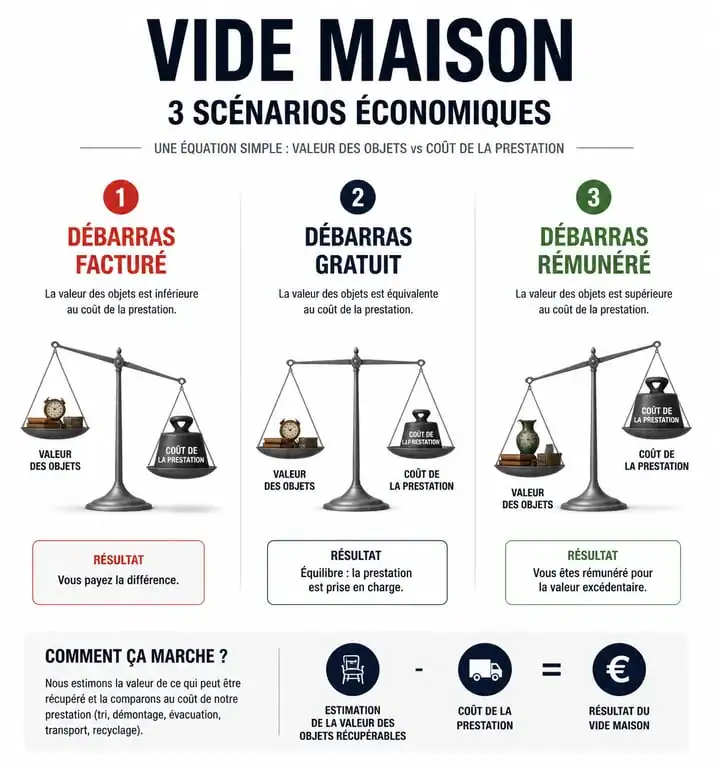 Infographie explicative des trois options tarifaires pour un service de vide maison à Angers