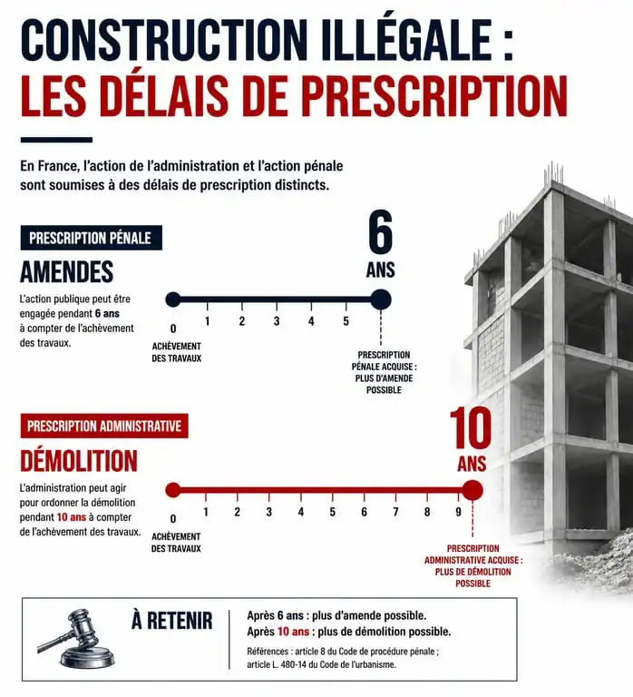Infographie des délais de prescription pour construction illégale en France : risques pénaux et administratifs.