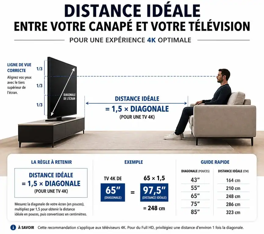 Schéma illustrant la distance idéale entre la télévision et le canapé pour un confort visuel optimal