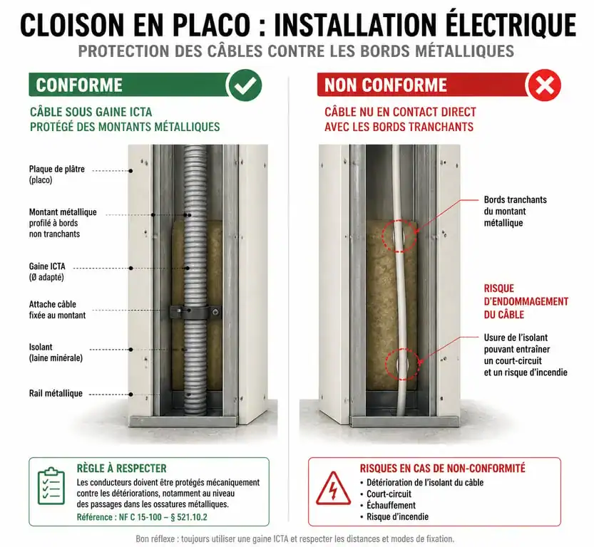 Schéma comparatif : installation électrique conforme avec gaine ICTA vs installation non conforme dans une cloison placo