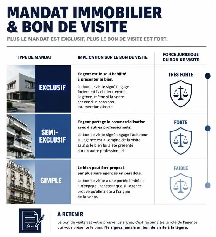 Infographie sur la validité juridique du bon de visite selon le type de mandat immobilier