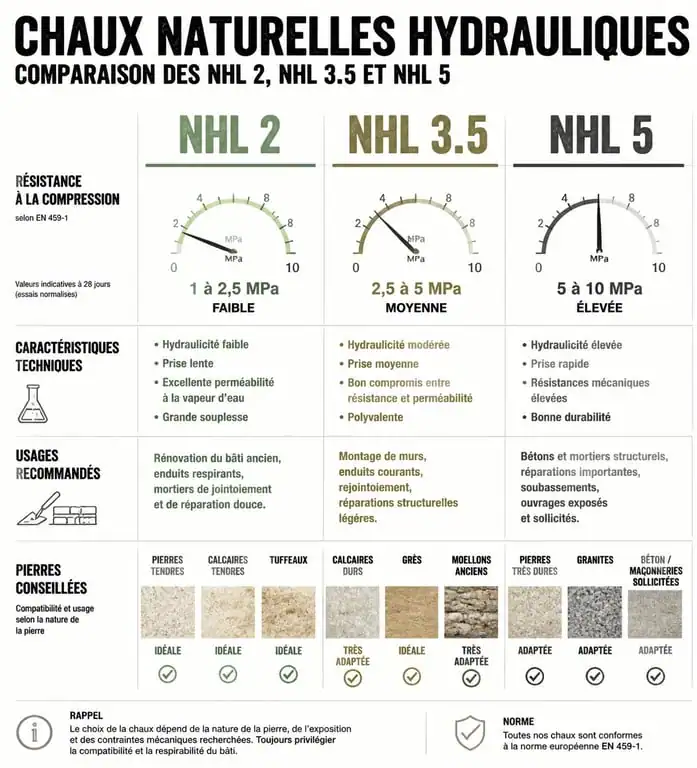 Comparatif des types de chaux NHL pour la restauration de murs en pierre