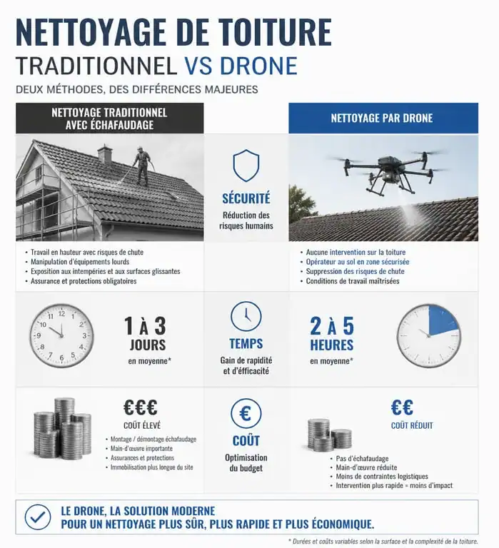 Comparatif nettoyage toiture par drone vs méthode traditionnelle