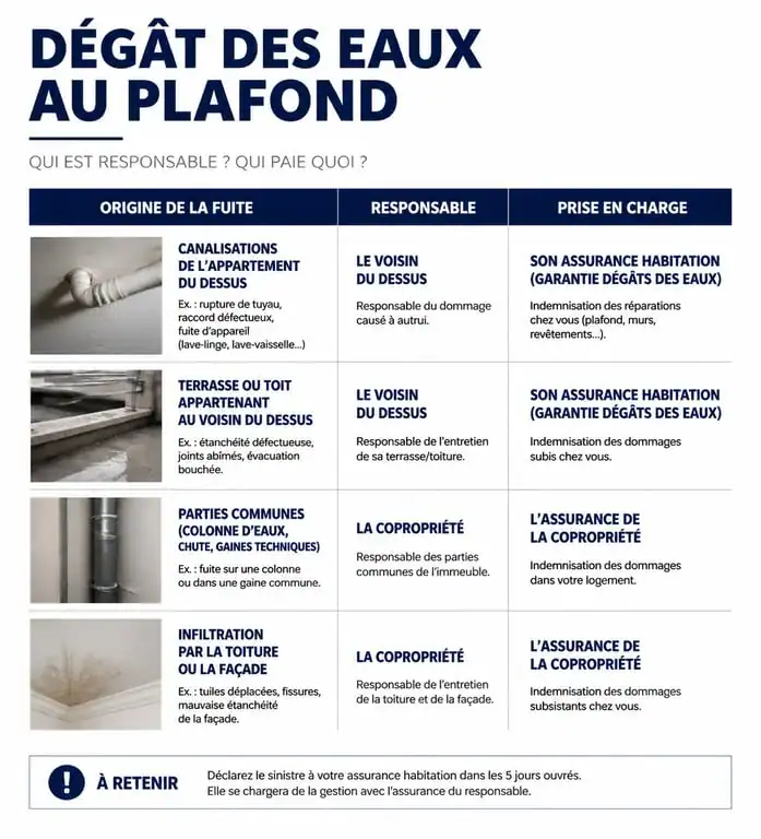 Infographie des responsabilités en cas d'infiltration d'eau au plafond et dégât des eaux