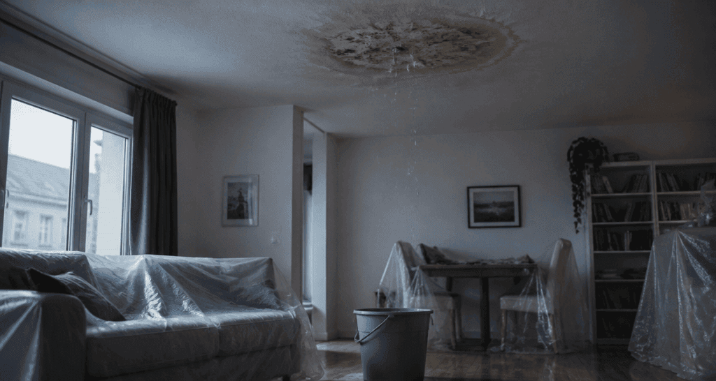 infiltration d'eau plafond avec auréole et seau