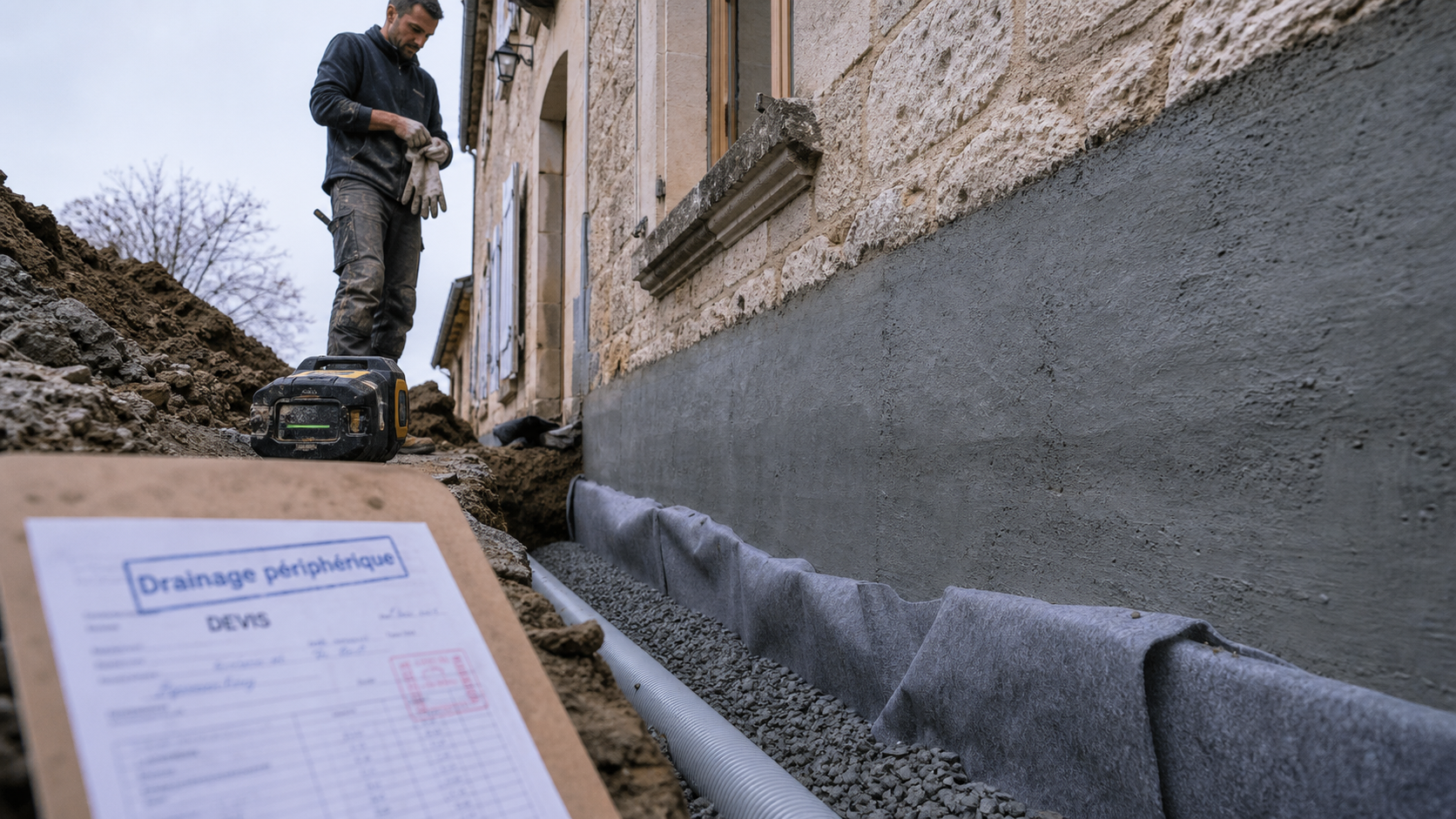 Drainage maison ancienne prix : tranchée avec drain PVC, gravier et géotextile