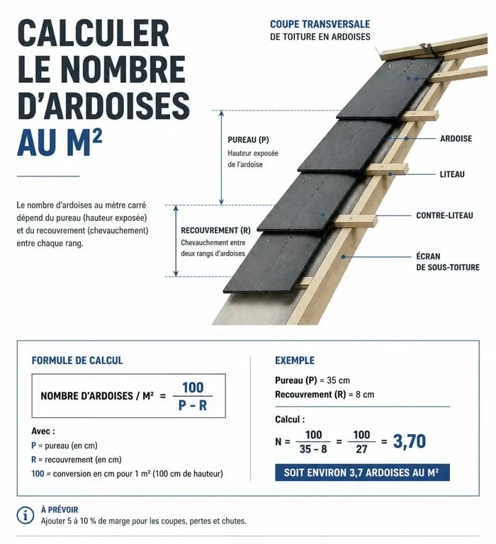 Schéma explicatif du calcul du nombre d'ardoises au m2 pour une toiture