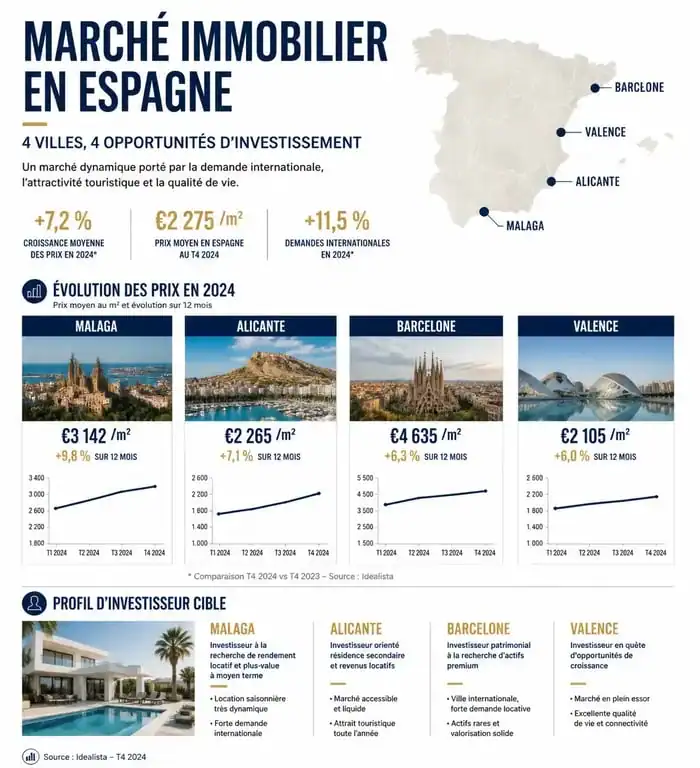Infographie des opportunités d'investissement immobilier en Espagne par ville