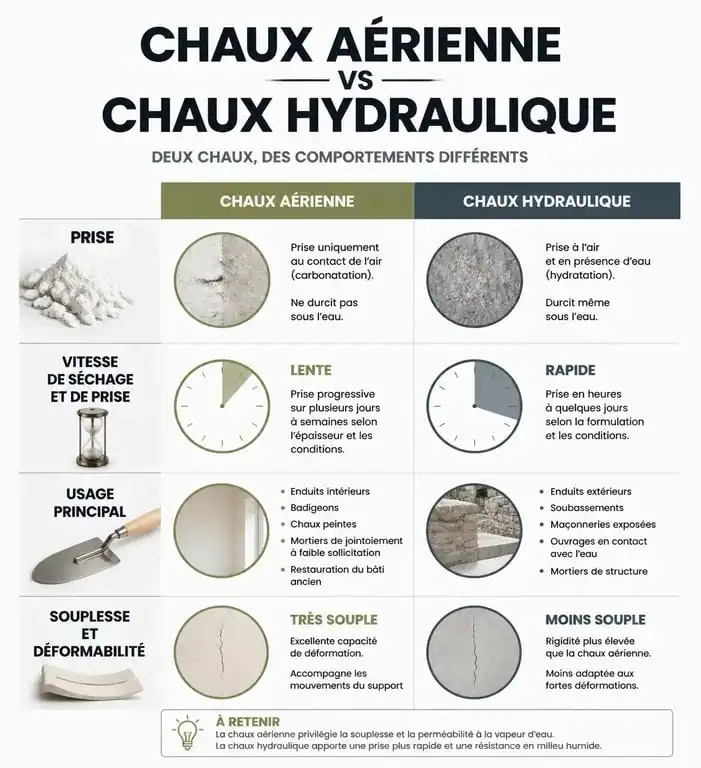 Infographie comparative des propriétés de la chaux aérienne et de la chaux hydraulique pour la rénovation.