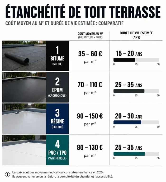Comparatif des prix au m2 et durée de vie pour l'étanchéité toit terrasse
