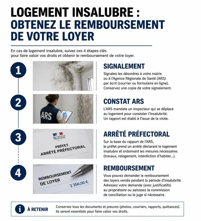 Infographie des étapes de recours pour un logement insalubre et remboursement de loyer